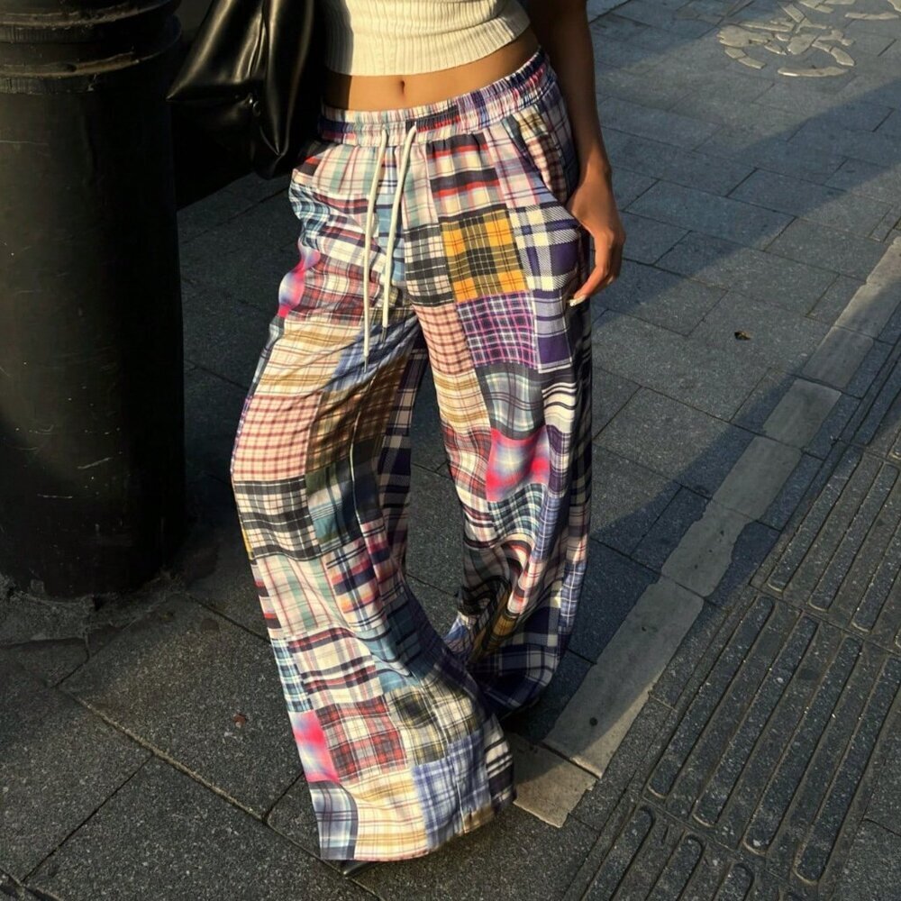 Multicolor Casual Women's Tropical Vacation Plaid Baggy Pants